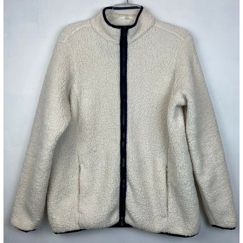 Lands End Jacket Womens L 14-16 Full Zip Fuzzy Fleece Ivory Pocket Warm